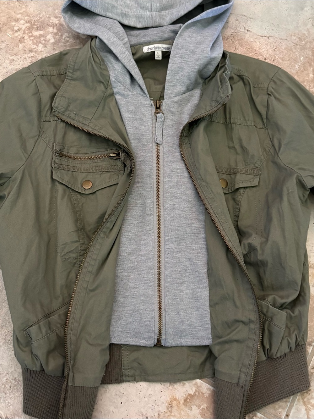 Charlotte Russe Olive Hooded Utility Bomber Jacket Dual Zipper Gray Hood Cropped - Picture 2 of 10